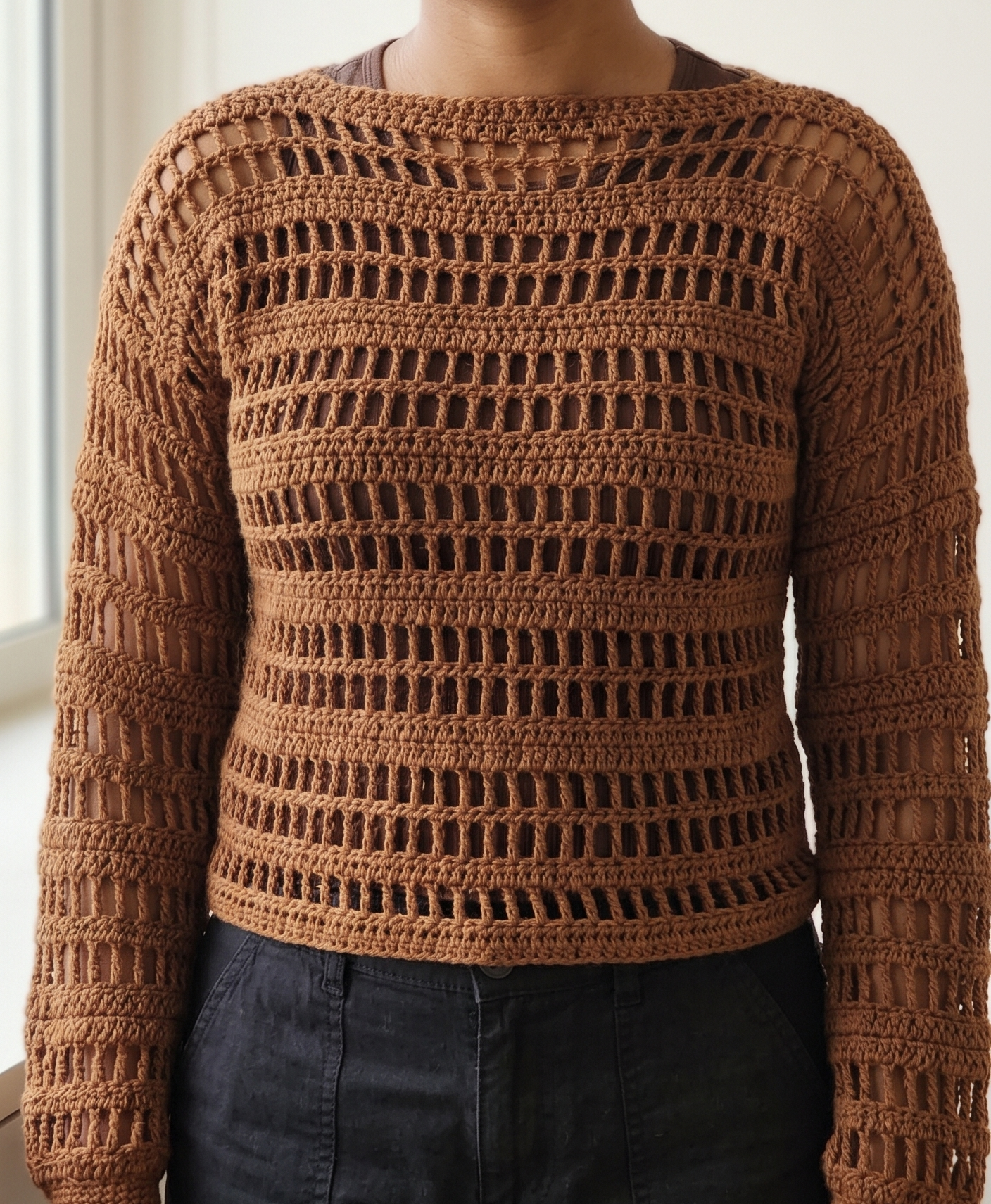 Openwork Crochet Mesh Top - Front View